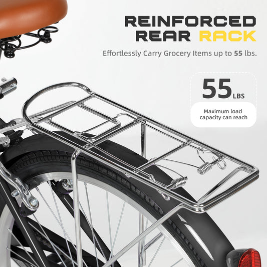 24/26 Inch Beach Cruiser Bike for Adult - High-Carbon Steel Frame Comfortable City Bike with Rear Rack or Basket