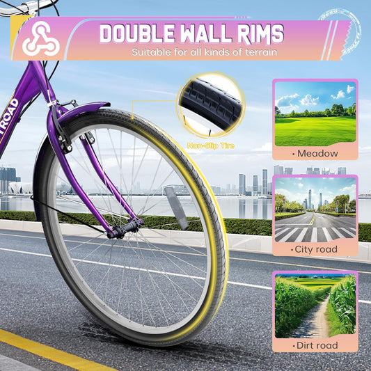 24/26 Inch 7-Speed Adult Tricycle with Large Basket, Adult 3 Wheel Tricycle Cruise Bike for Women Men Seniors