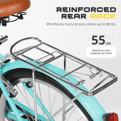 24/26 Inch Beach Cruiser Bike for Adult - High-Carbon Steel Frame Comfortable City Bike with Rear Rack or Basket