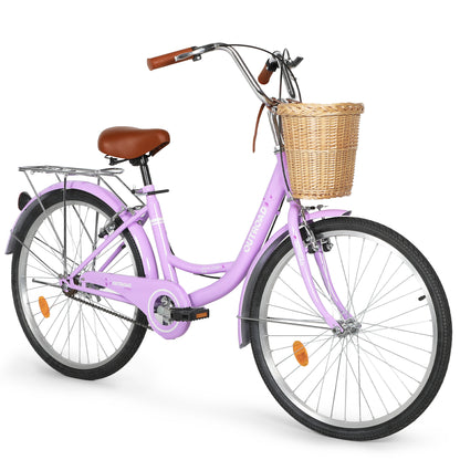 24/26 Inch Beach Cruiser Bike for Adult - High-Carbon Steel Frame Comfortable City Bike with Rear Rack or Basket