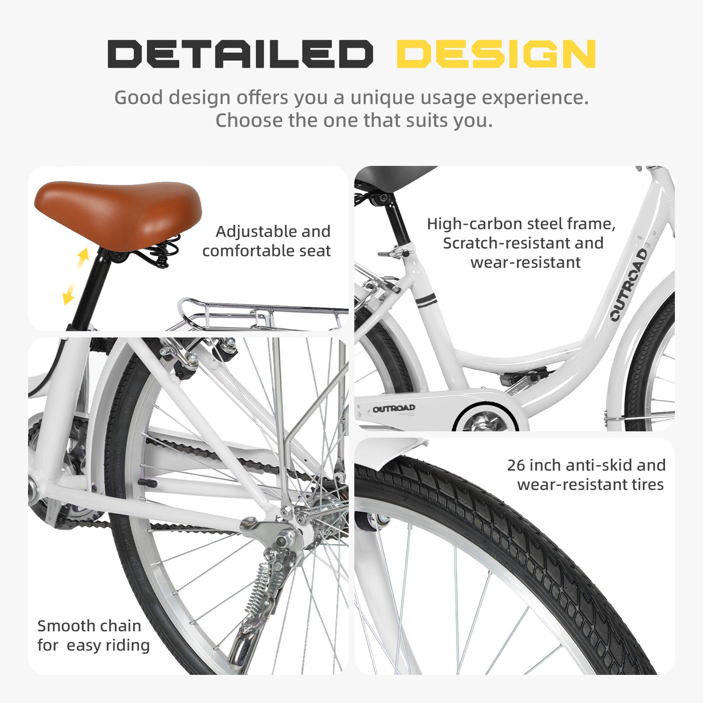 24/26 Inch Beach Cruiser Bike for Adult - High-Carbon Steel Frame Comfortable City Bike with Rear Rack or Basket