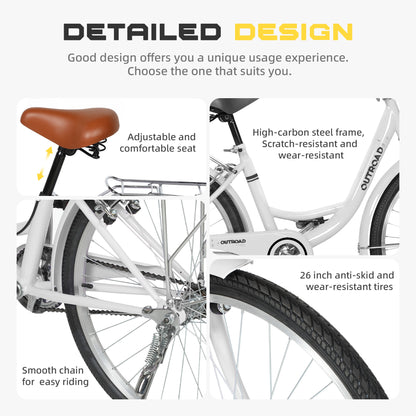 24/26 Inch Beach Cruiser Bike for Adult - High-Carbon Steel Frame Comfortable City Bike with Rear Rack or Basket