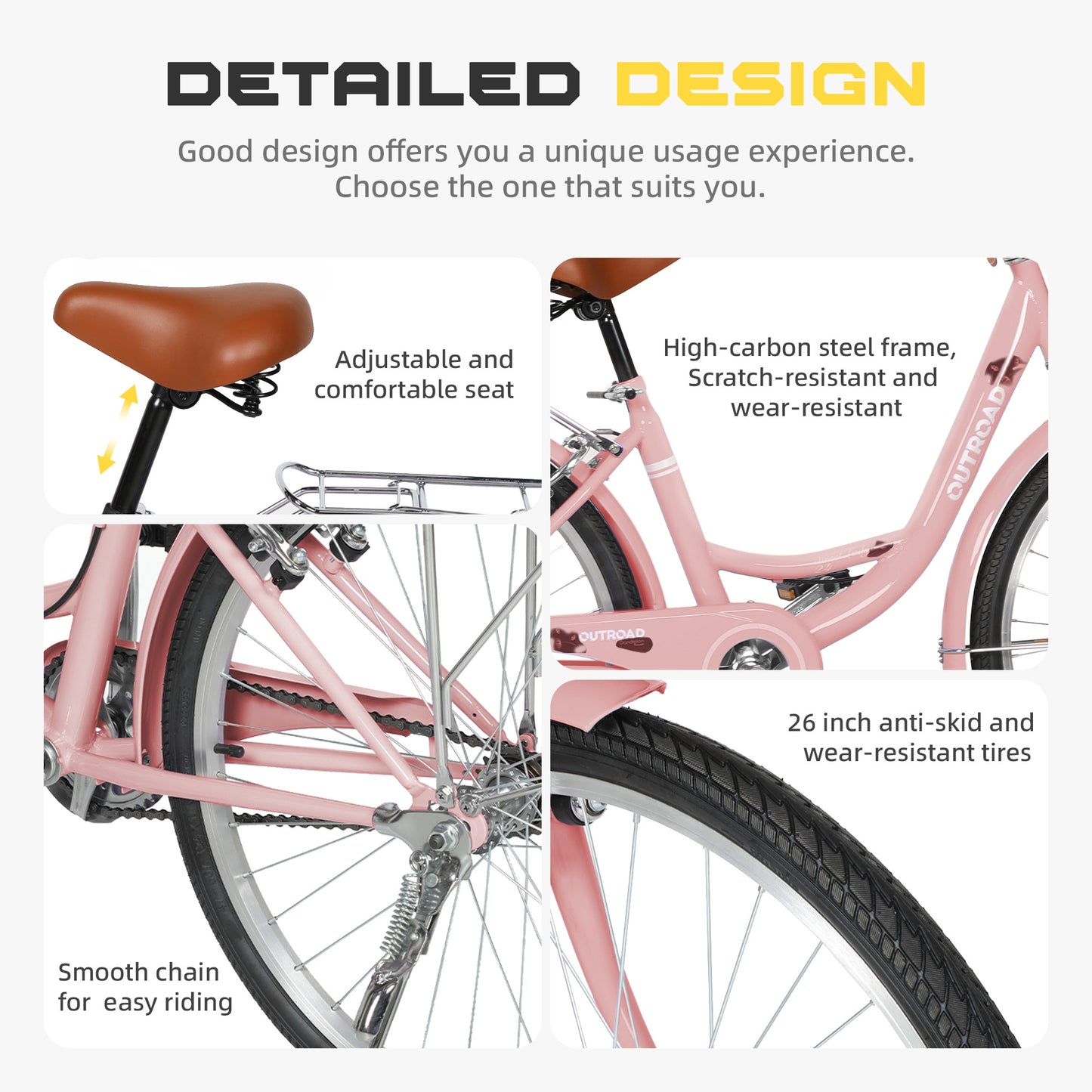 24/26 Inch Beach Cruiser Bike for Adult - High-Carbon Steel Frame Comfortable City Bike with Rear Rack or Basket