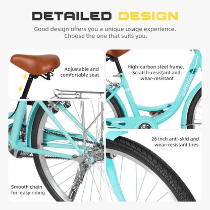 24/26 Inch Beach Cruiser Bike for Adult - High-Carbon Steel Frame Comfortable City Bike with Rear Rack or Basket