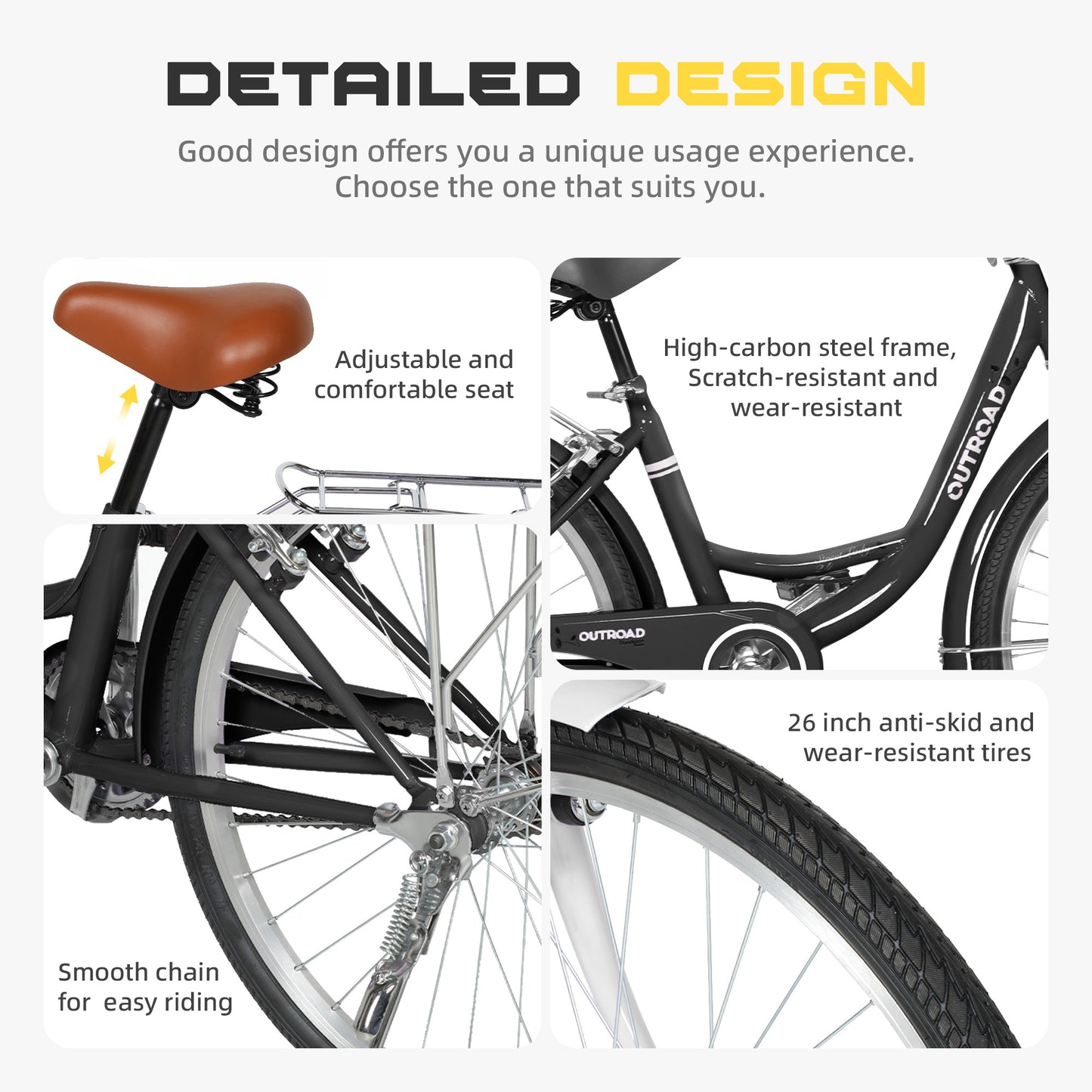 24/26 Inch Beach Cruiser Bike for Adult - High-Carbon Steel Frame Comfortable City Bike with Rear Rack or Basket