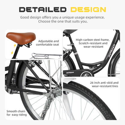 24/26 Inch Beach Cruiser Bike for Adult - High-Carbon Steel Frame Comfortable City Bike with Rear Rack or Basket