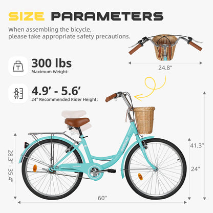 24/26 Inch Beach Cruiser Bike for Adult - High-Carbon Steel Frame Comfortable City Bike with Rear Rack or Basket