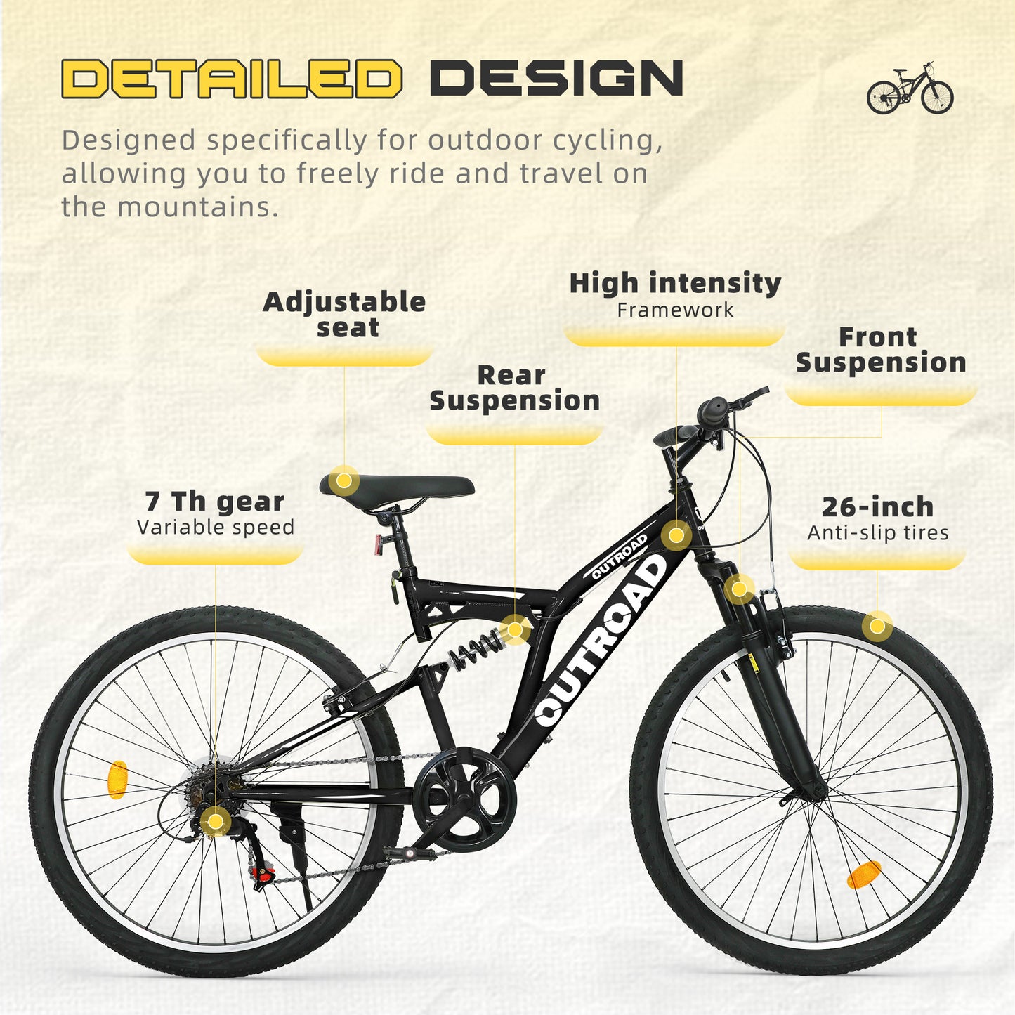 Outroad 26 Inch Mountain Bike, 7-Speed High-Carbon Steel/Aviation Grade Frame with V Brake, Adjustable Ergonomic Seat for Adults