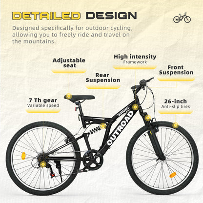 Outroad 26 Inch Mountain Bike, 7-Speed High-Carbon Steel/Aviation Grade Frame with V Brake, Adjustable Ergonomic Seat for Adults