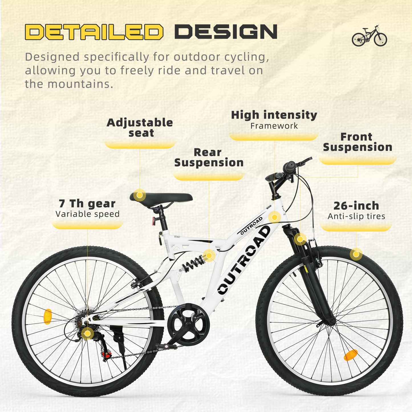 26 Inch Mountain Bike, 7-Speed High-Carbon Steel/Aviation Grade Frame with V Brake, Adjustable Ergonomic Seat for Adults