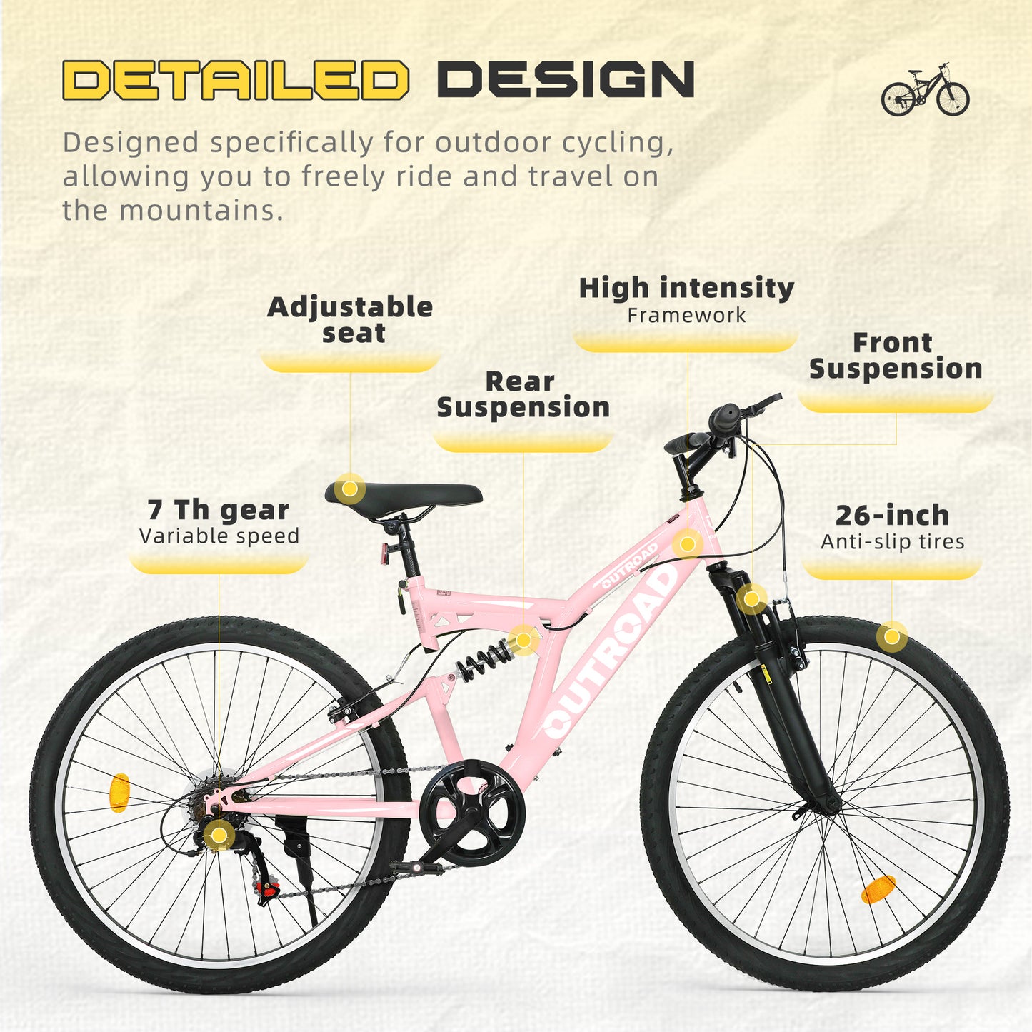 26 Inch Mountain Bike, 7-Speed High-Carbon Steel/Aviation Grade Frame with V Brake, Adjustable Ergonomic Seat for Adults