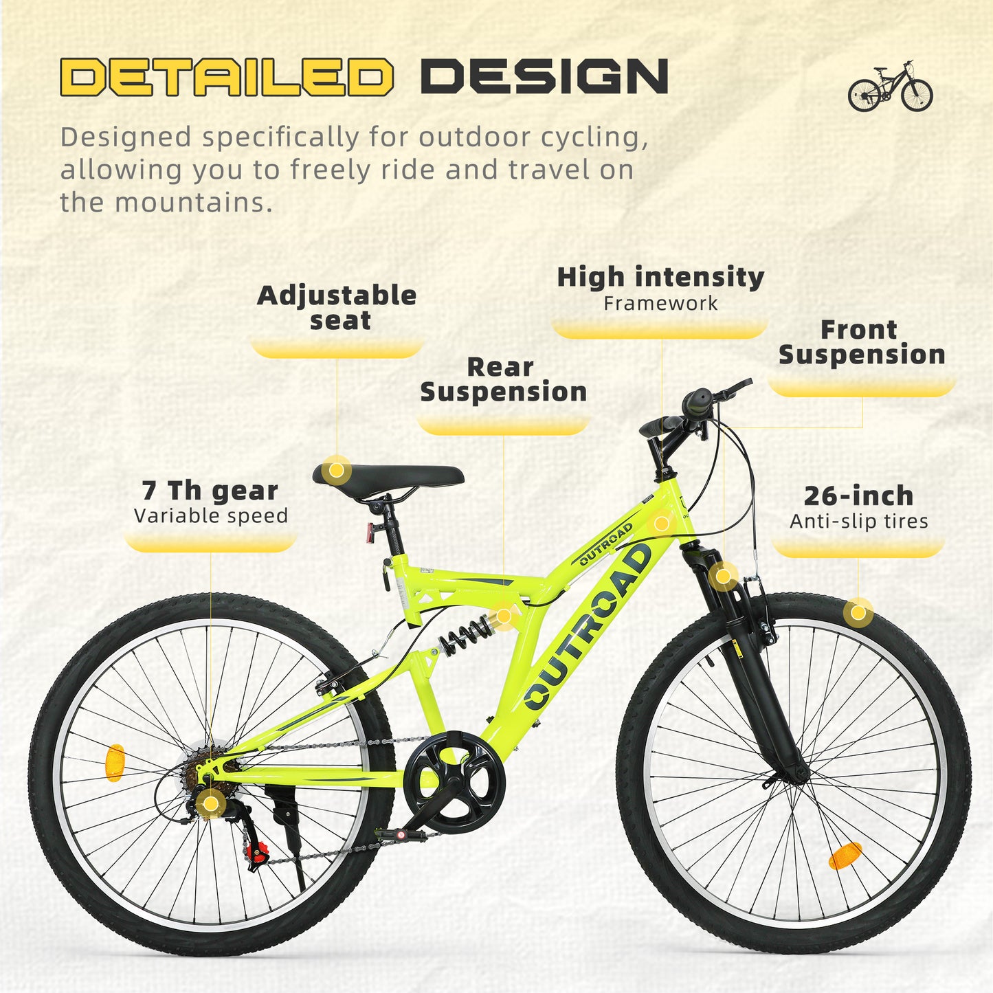 26 Inch Mountain Bike, 7-Speed High-Carbon Steel/Aviation Grade Frame with V Brake, Adjustable Ergonomic Seat for Adults