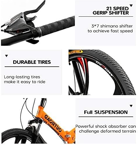 Outroad 26 Inch Folding Mountain Bike with High Carbon Steel, 21 Speed City Bike with Dual Suspension, Folding Bicycle for Adults Men and Women