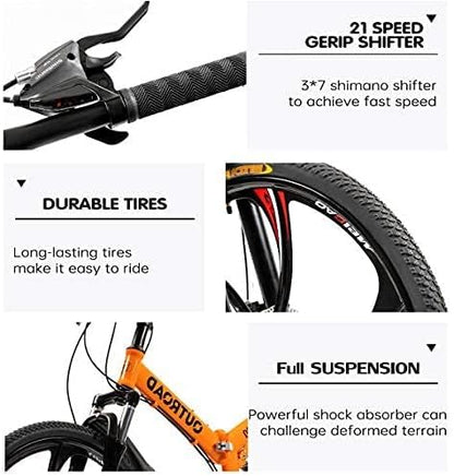 Outroad 26 Inch Folding Mountain Bike with High Carbon Steel, 21 Speed City Bike with Dual Suspension, Folding Bicycle for Adults Men and Women