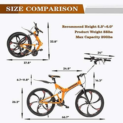 Outroad 26 Inch Folding Mountain Bike with High Carbon Steel, 21 Speed City Bike with Dual Suspension, Folding Bicycle for Adults Men and Women