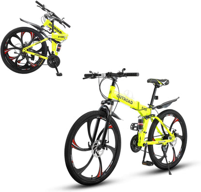 Outroad 26 ich Folding Mountain Bike, 21 Speed High Carbon Steel Mountain Bike for Adults with 26 Inches Durable Tires, Front Suspension Folding Bicycle for Women and Man