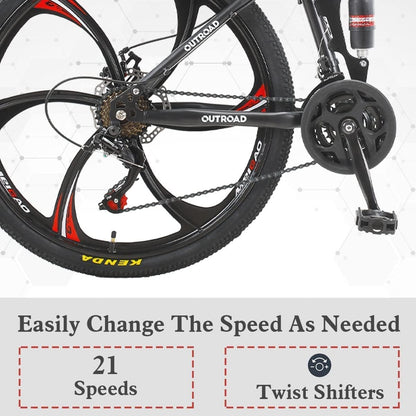 Outroad 26 ich Folding Mountain Bike, 21 Speed High Carbon Steel Mountain Bike for Adults with 26 Inches Durable Tires, Front Suspension Folding Bicycle for Women and Man