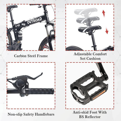 Outroad 26 ich Folding Mountain Bike, 21 Speed High Carbon Steel Mountain Bike for Adults with 26 Inches Durable Tires, Front Suspension Folding Bicycle for Women and Man