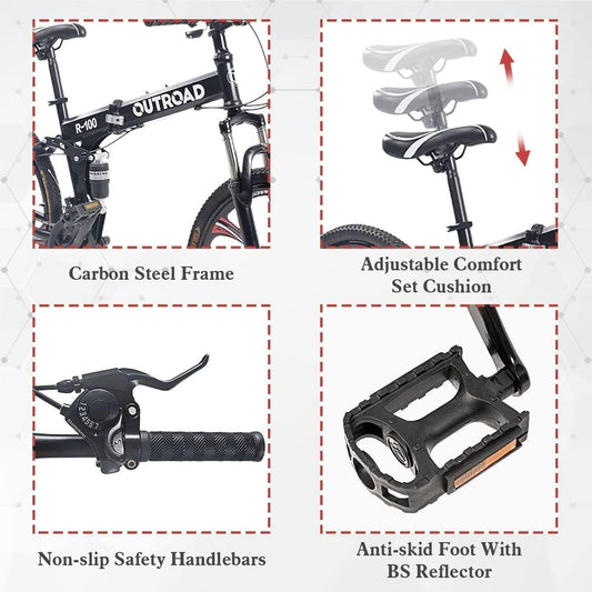 Outroad 26 ich Folding Mountain Bike, 21 Speed High Carbon Steel Mountain Bike for Adults with 26 Inches Durable Tires, Front Suspension Folding Bicycle for Women and Man