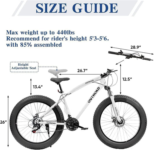 26 Inch Fat Tire Mountain Bike High-Aluminum/Carbon Steel Frame,with Dual Disc Brakes, 26 Inch Non-Slip Wide Tires with 21 Speed, Mountain Bicycle for Men and Women