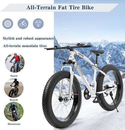 26 Inch Fat Tire Mountain Bike High-Aluminum/Carbon Steel Frame,with Dual Disc Brakes, 26 Inch Non-Slip Wide Tires with 21 Speed, Mountain Bicycle for Men and Women