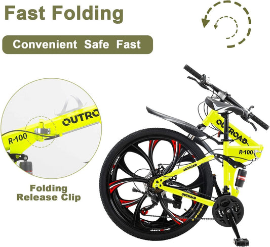 Outroad 26 ich Folding Mountain Bike, 21 Speed High Carbon Steel Mountain Bike for Adults with 26 Inches Durable Tires, Front Suspension Folding Bicycle for Women and Man