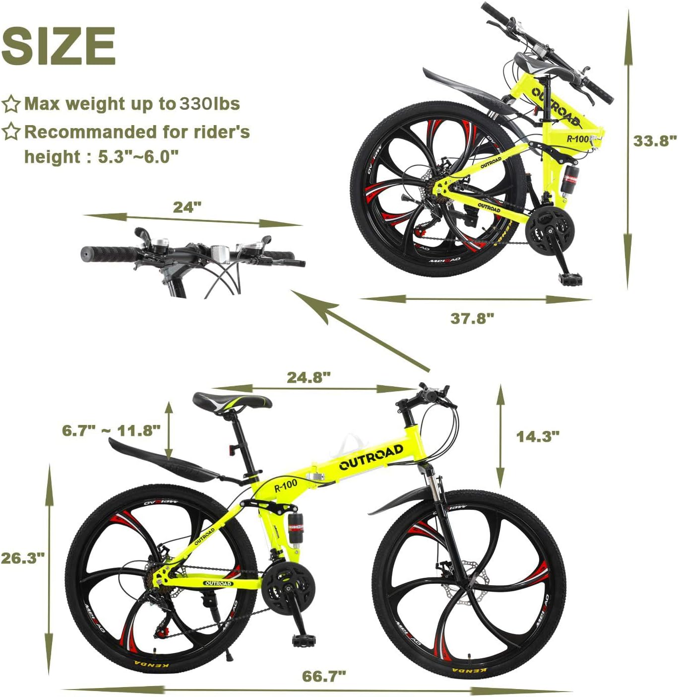 Outroad 26 ich Folding Mountain Bike, 21 Speed High Carbon Steel Mountain Bike for Adults with 26 Inches Durable Tires, Front Suspension Folding Bicycle for Women and Man