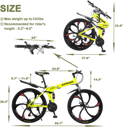 Outroad 26 ich Folding Mountain Bike, 21 Speed High Carbon Steel Mountain Bike for Adults with 26 Inches Durable Tires, Front Suspension Folding Bicycle for Women and Man
