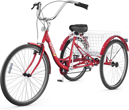 24/26 Inch 7-Speed Adult Tricycle with Large Basket, Adult 3 Wheel Tricycle Cruise Bike for Women Men Seniors