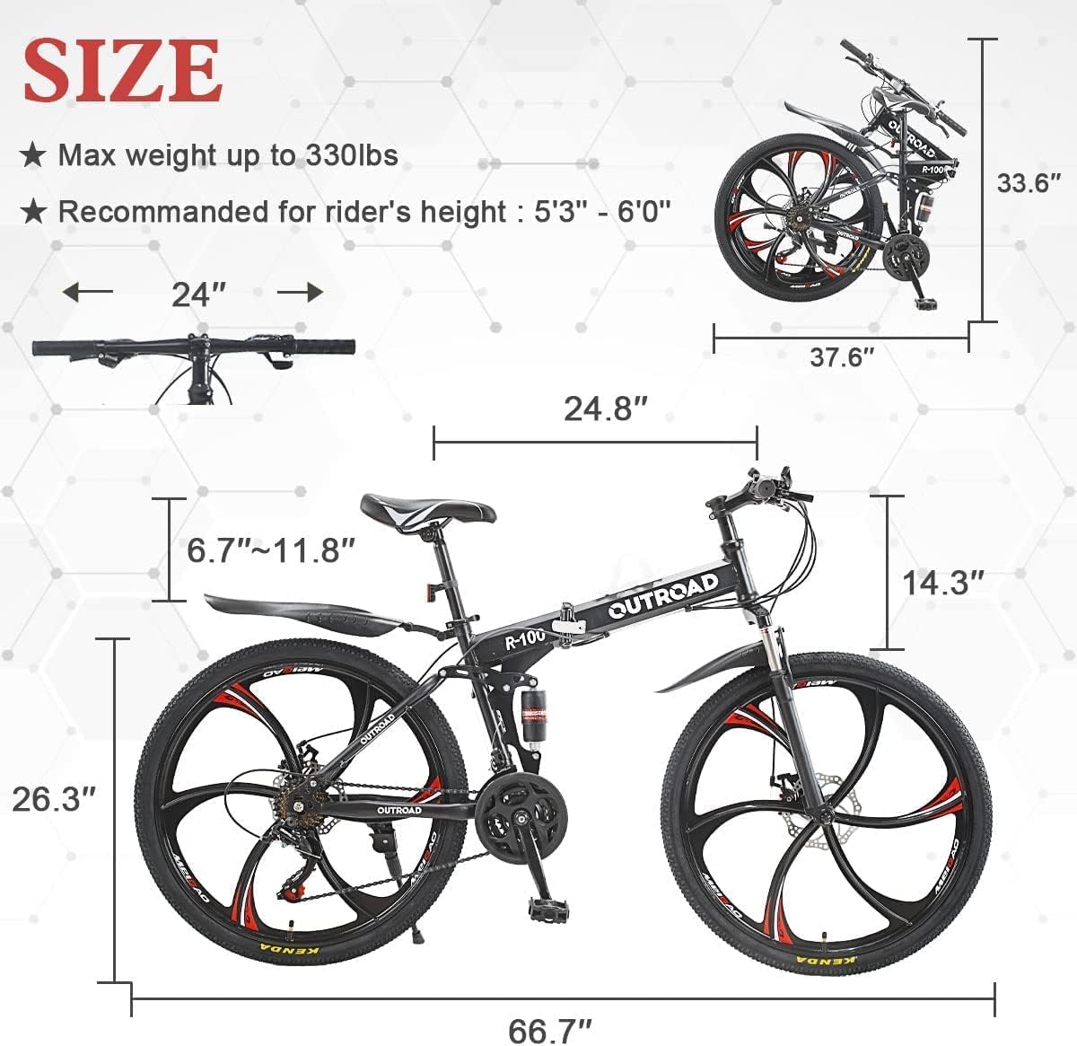 Outroad 26 ich Folding Mountain Bike, 21 Speed High Carbon Steel Mountain Bike for Adults with 26 Inches Durable Tires, Front Suspension Folding Bicycle for Women and Man