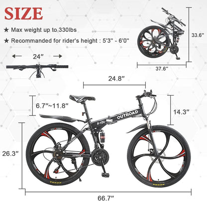 Outroad 26 ich Folding Mountain Bike, 21 Speed High Carbon Steel Mountain Bike for Adults with 26 Inches Durable Tires, Front Suspension Folding Bicycle for Women and Man
