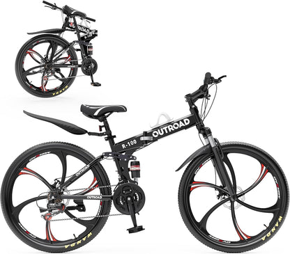 Outroad 26 ich Folding Mountain Bike, 21 Speed High Carbon Steel Mountain Bike for Adults with 26 Inches Durable Tires, Front Suspension Folding Bicycle for Women and Man