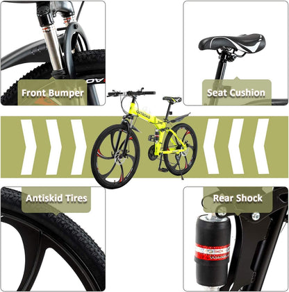 Outroad 26 ich Folding Mountain Bike, 21 Speed High Carbon Steel Mountain Bike for Adults with 26 Inches Durable Tires, Front Suspension Folding Bicycle for Women and Man