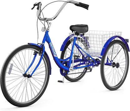 24/26 Inch 7-Speed Adult Tricycle with Large Basket, Adult 3 Wheel Tricycle Cruise Bike for Women Men Seniors