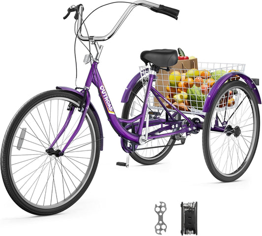 24/26 Inch 7-Speed Adult Tricycle with Large Basket, Adult 3 Wheel Tricycle Cruise Bike for Women Men Seniors