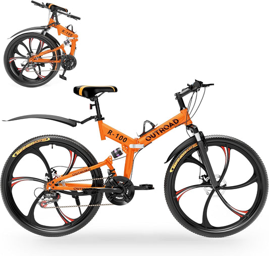 Outroad 26 Inch Folding Mountain Bike with High Carbon Steel, 21 Speed City Bike with Dual Suspension, Folding Bicycle for Adults Men and Women