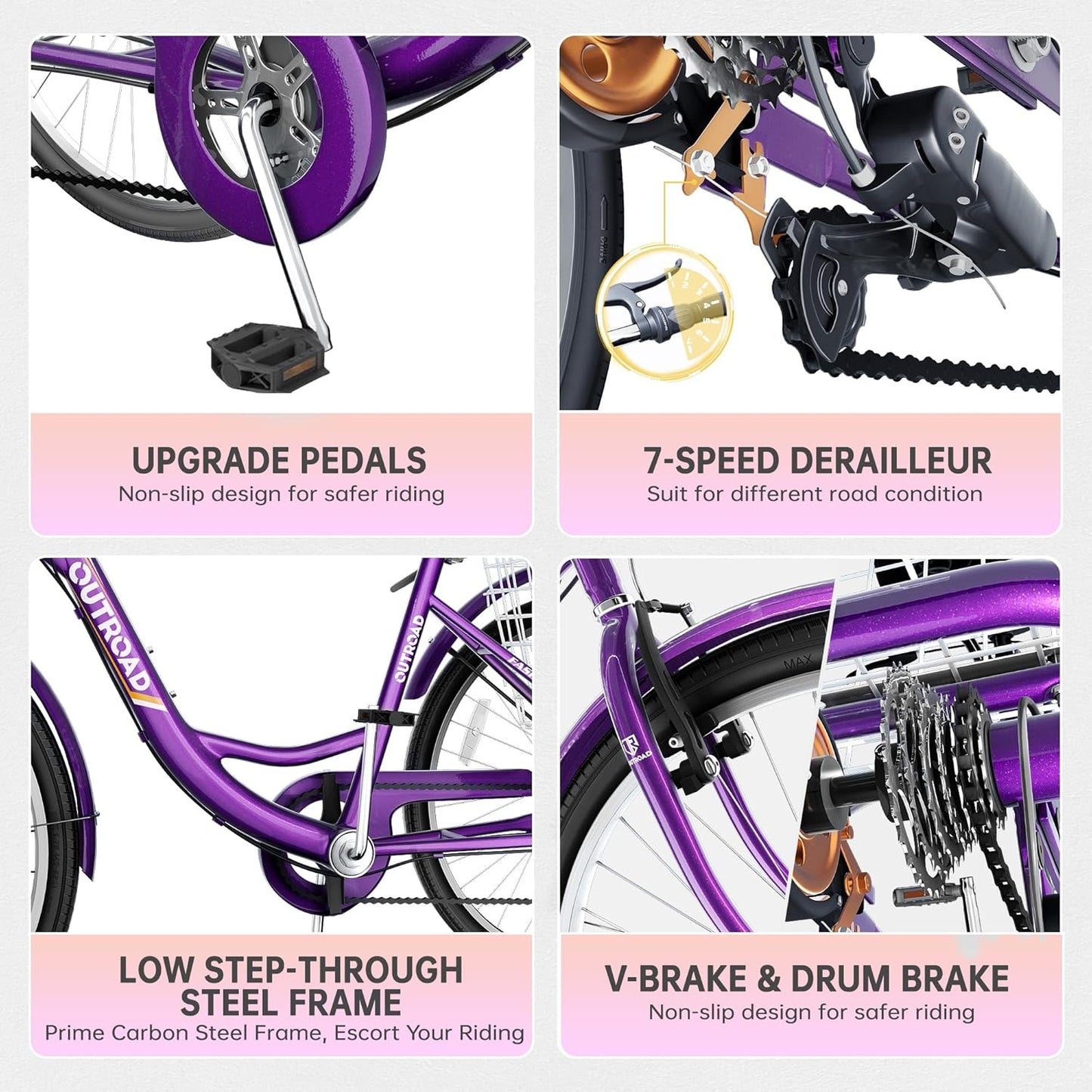 24/26 Inch 7-Speed Adult Tricycle with Large Basket, Adult 3 Wheel Tricycle Cruise Bike for Women Men Seniors