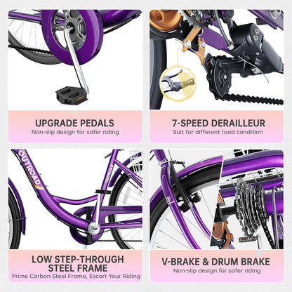 24/26 Inch 7-Speed Adult Tricycle with Large Basket, Adult 3 Wheel Tricycle Cruise Bike for Women Men Seniors