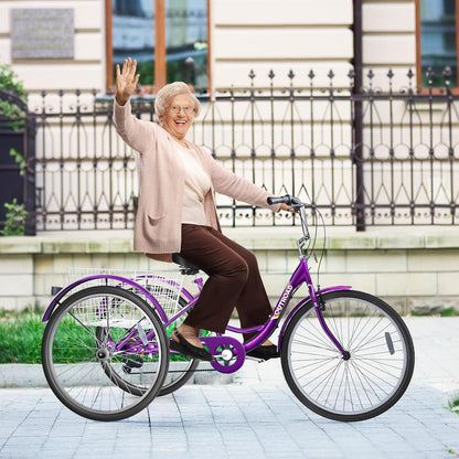24/26 Inch 7-Speed Adult Tricycle with Large Basket, Adult 3 Wheel Tricycle Cruise Bike for Women Men Seniors