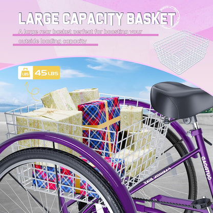 24/26 Inch 7-Speed Adult Tricycle with Large Basket, Adult 3 Wheel Tricycle Cruise Bike for Women Men Seniors