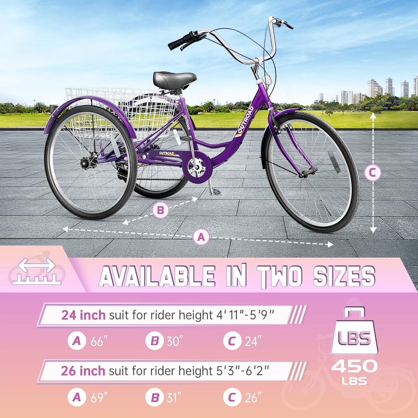24/26 Inch 7-Speed Adult Tricycle with Large Basket, Adult 3 Wheel Tricycle Cruise Bike for Women Men Seniors