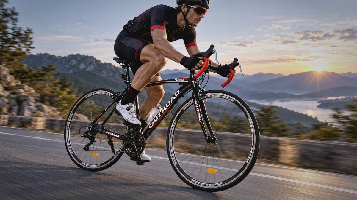 Load video: OUTROAD cyclist riding a black and red 700C road bike on mountain roads.